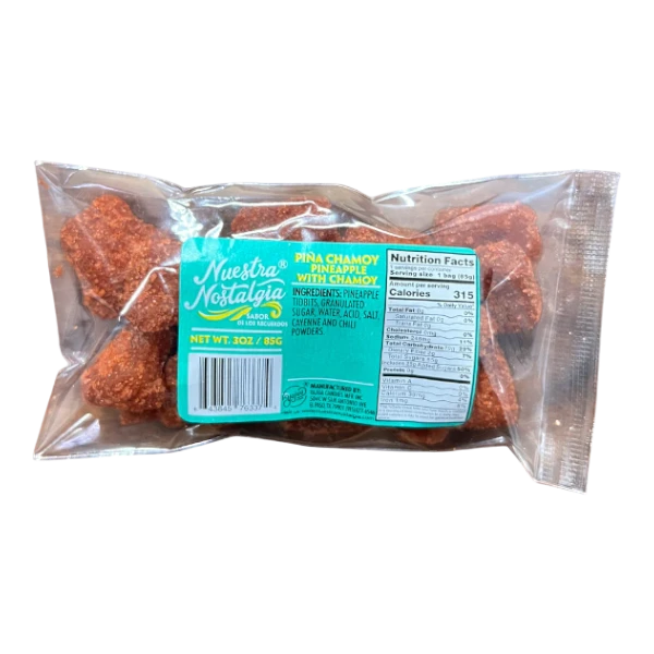 Dulceria 915 Nuestra Nostalgia Piña Chamoy pineapple tidbits covered in sweet and tangy chamoy powder.