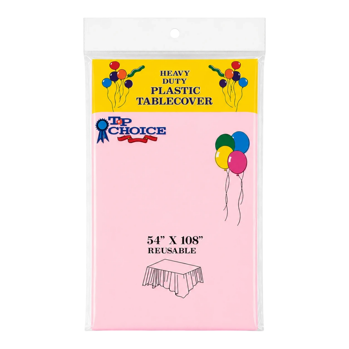 Dulceria 915 pink plastic disposable tablecloth in packaging, measuring 54 by 108 inches for party table decoration.