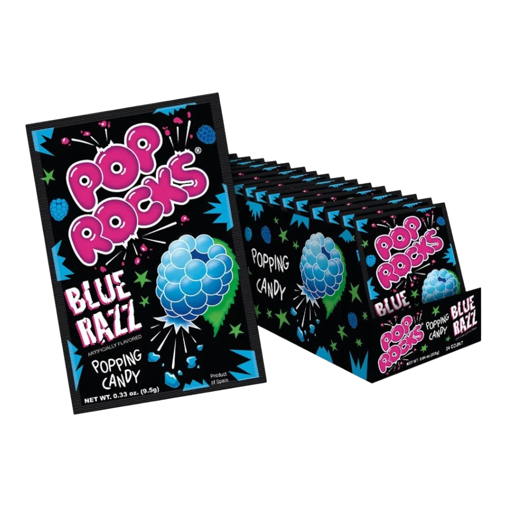 Dulceria 915 Pop Rocks Blue Razz popping candy packets with blue raspberry flavor and fun bursting design.