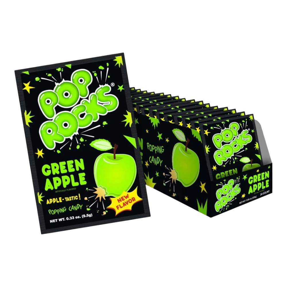 Dulceria 915 Pop Rocks Green Apple popping candy with a bright green apple graphic and starbursts.