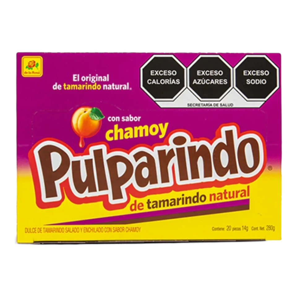 Dulceria 915 Pulparindo Chamoy tamarindo candy box with 20 pieces. Features a peach graphic and nutritional warnings.