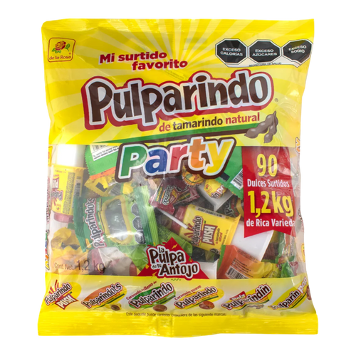 Dulceria 915 Pulparindo Party Mix bag with 90 assorted tamarind candies, 1.2kg. Features sweet, tangy, and spicy flavors.