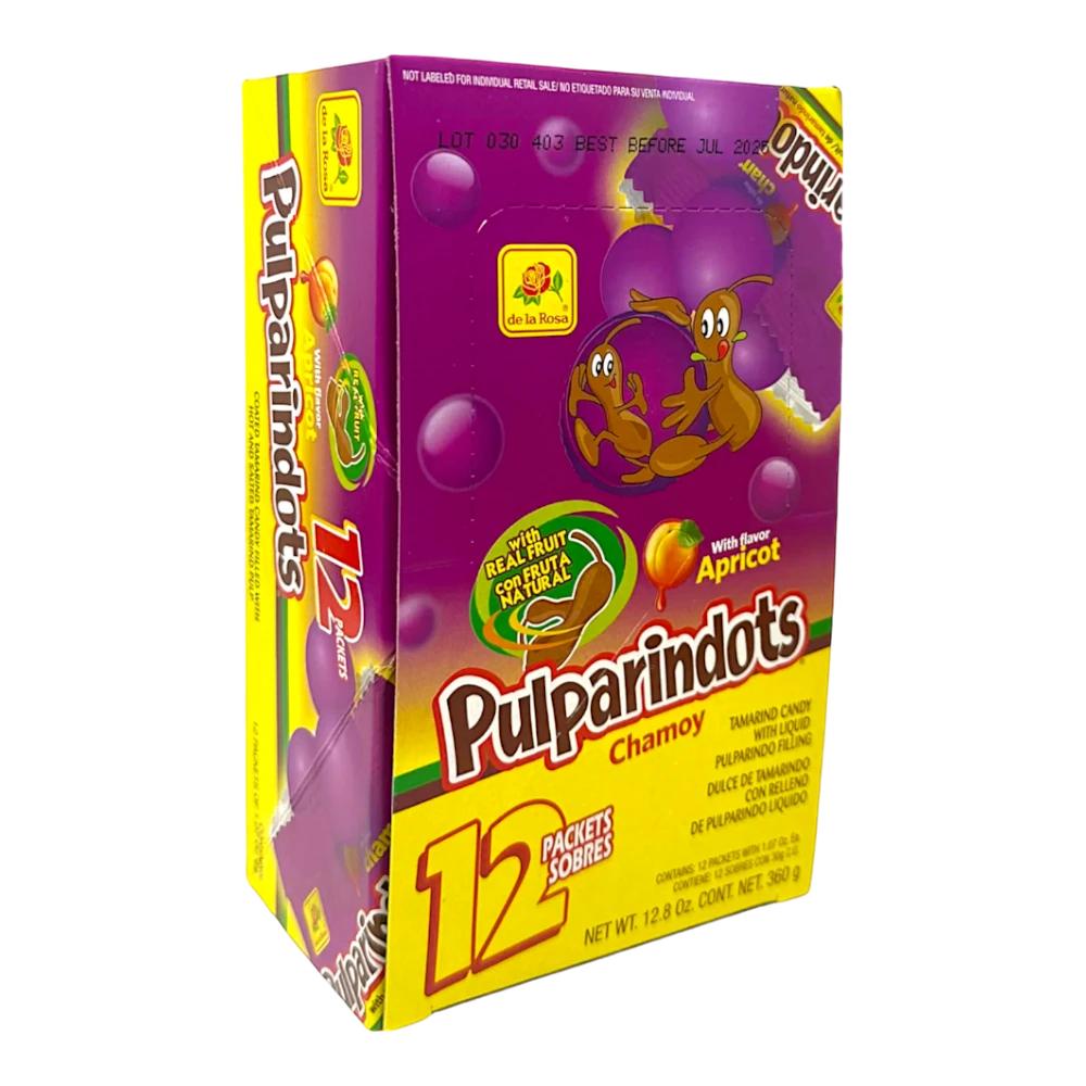 Dulceria 915 De La Rosa Pulparindots Chamoy tamarind candy box with 12 packets, featuring apricot flavor and real fruit.