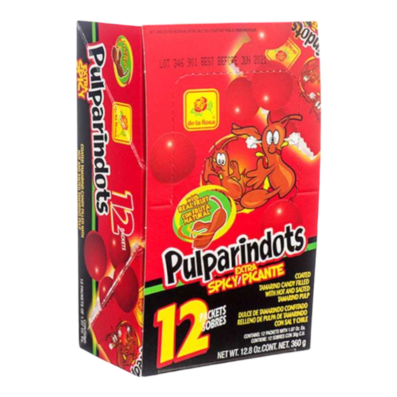 Dulceria 915 De La Rosa Pulparindots Extra Spicy tamarind candy box with 12 packets, coated in chili powder.