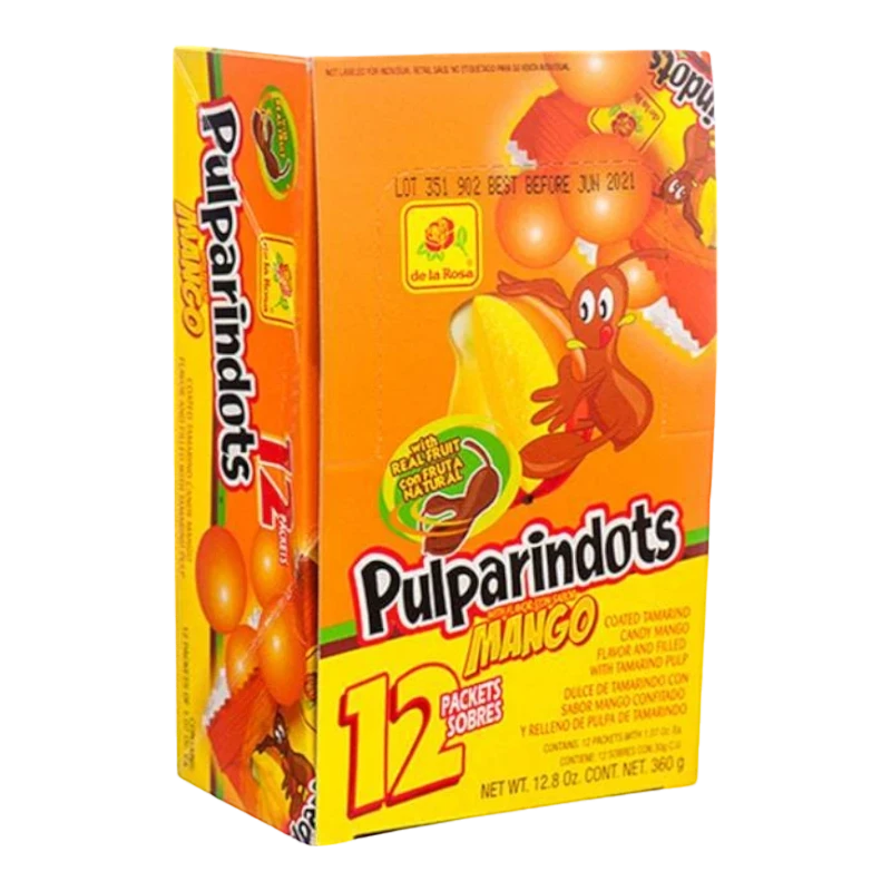 Dulceria 915 Pulparindots Mango candies box with 12 packets of tamarind coated mango flavored candy.