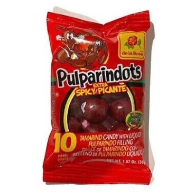 Dulceria 915 Pulparindots Extra Spicy Tamarind Candy with Liquid Filling, 30g bag with 10 pieces.