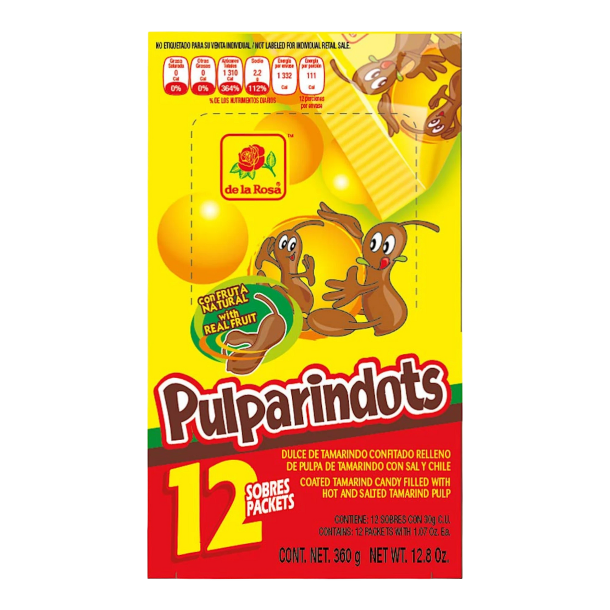 Dulceria 915 De La Rosa Pulparindots tamarind candy box with 12 packets, featuring cartoon tamarind characters and real fruit.