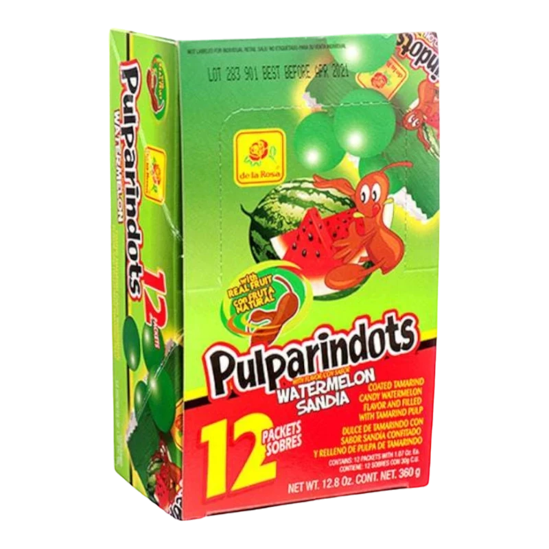 Dulceria 915 De La Rosa Pulparindots Watermelon candy box with 12 packets. Features a cartoon ant and watermelon.