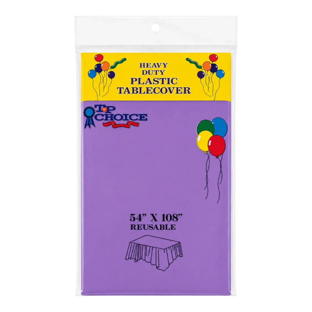 Dulceria 915 purple plastic tablecloth in packaging, 54 by 108 inches, perfect for party table protection.