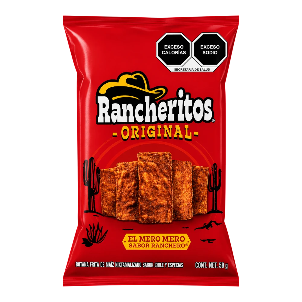 Dulceria 915 Rancheritos Original chips, fried corn snack with chili and spices, 58g bag.