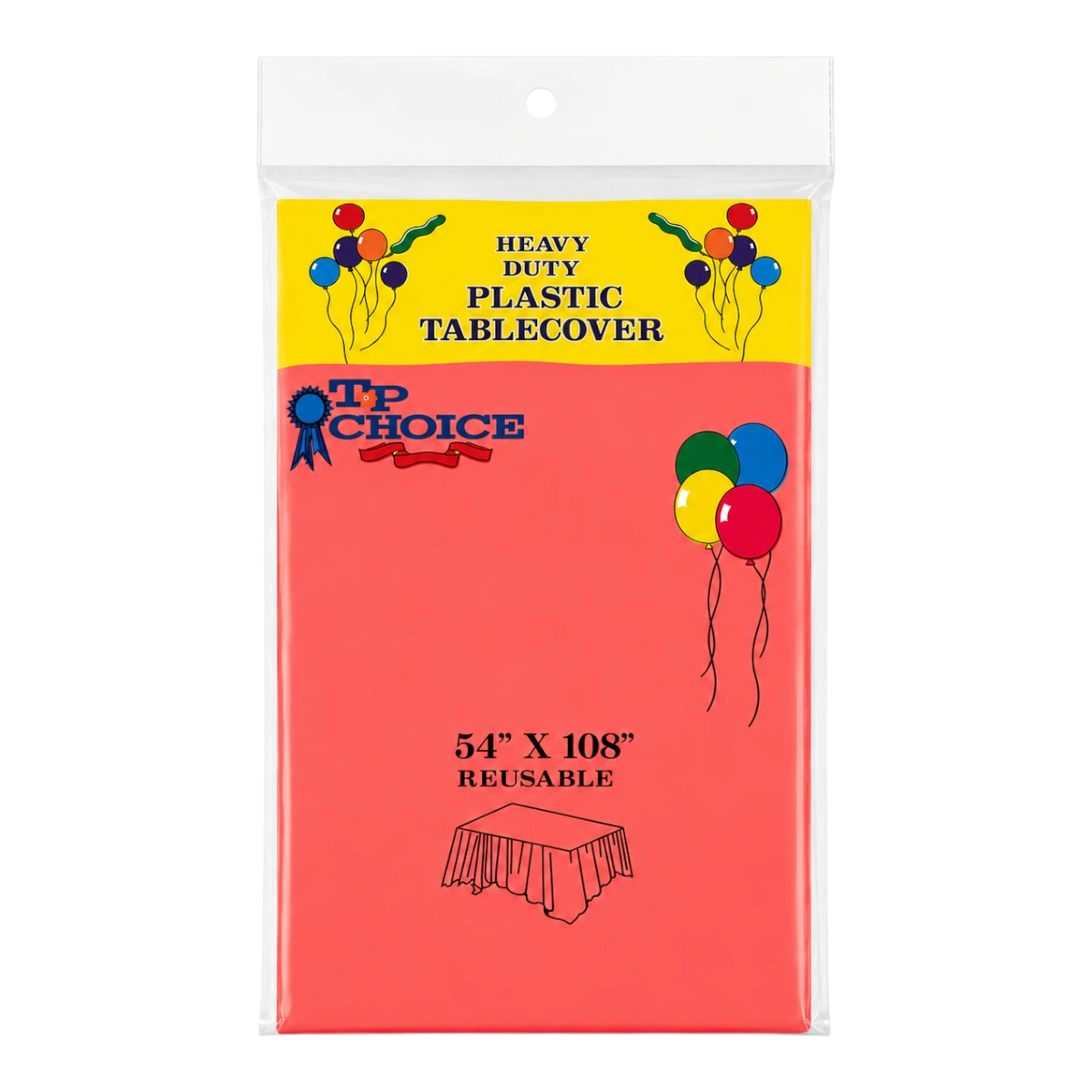 Dulceria 915 red plastic tablecloth in 54 by 108 inch size, packaged for party events.