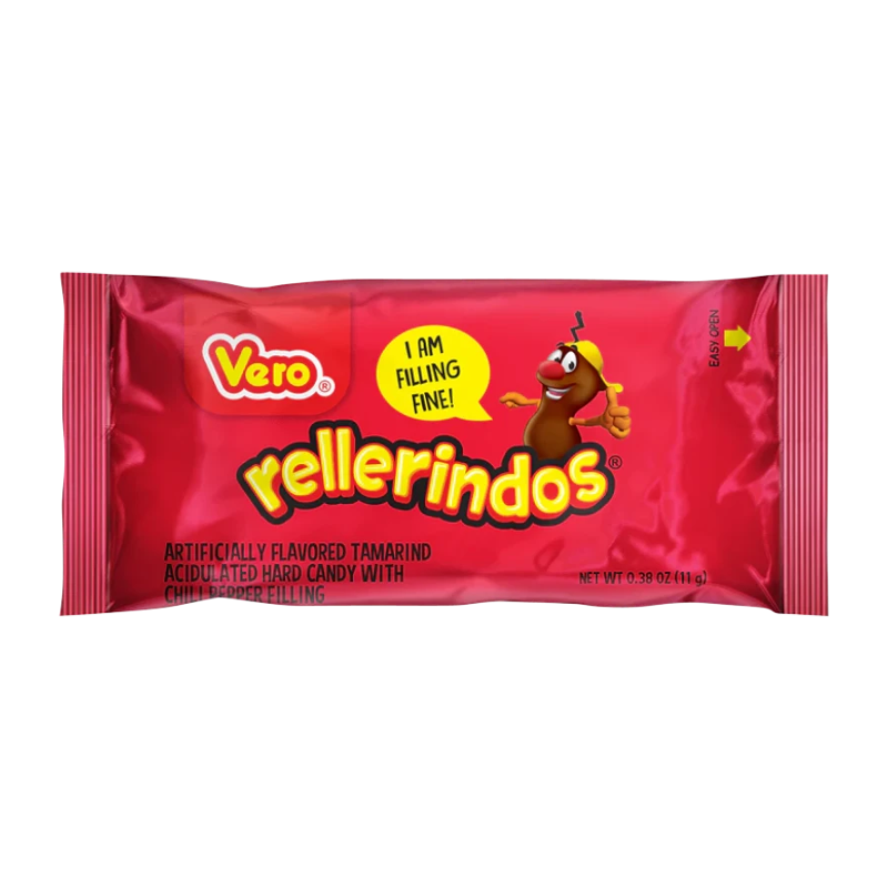 Dulceria 915 Rellerindos individual tamarind flavored hard candy with chili pepper filling in a red wrapper