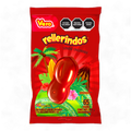 Dulceria 915 Rellerindos watermelon chili candy bag with 65 pieces. Features a tropical scene with palm trees and a volcano.