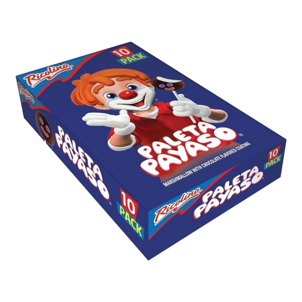 Dulceria 915 Ricolino Paleta Payaso 10 pack box featuring a smiling clown character holding a chocolate-covered marshmallow pop.