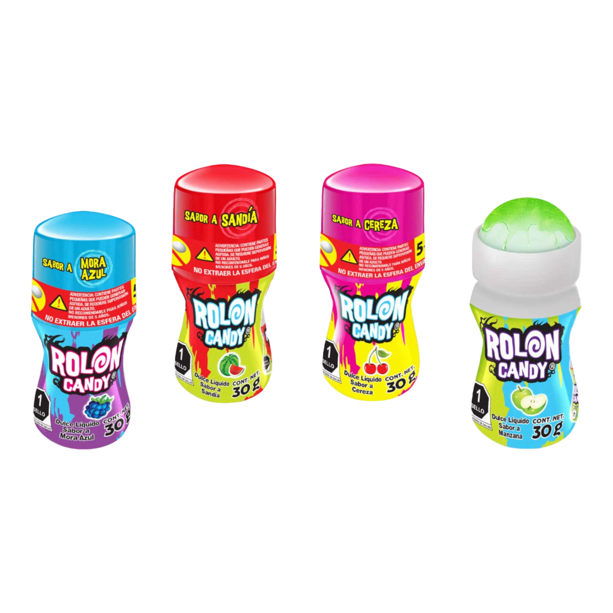 Dulceria 915 Rolon Candy liquid candy in blue raspberry, red watermelon, pink cherry, and green apple flavors.