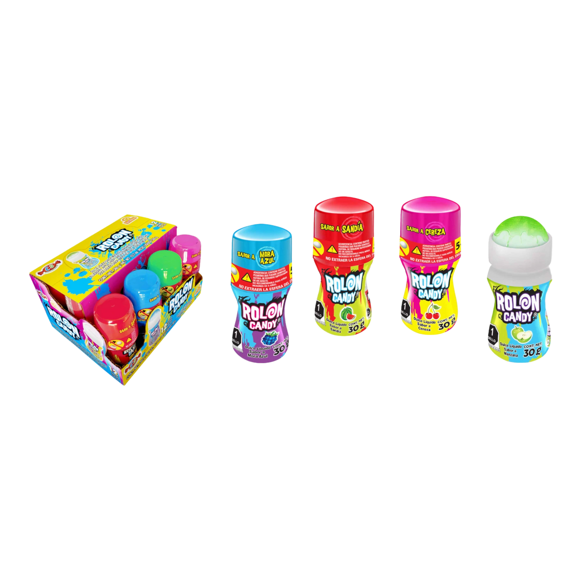 Dulceria 915 Rolon Candy pack with 12 pieces of 30g each, featuring assorted fruit flavors like blue raspberry, watermelon, cherry, and apple.