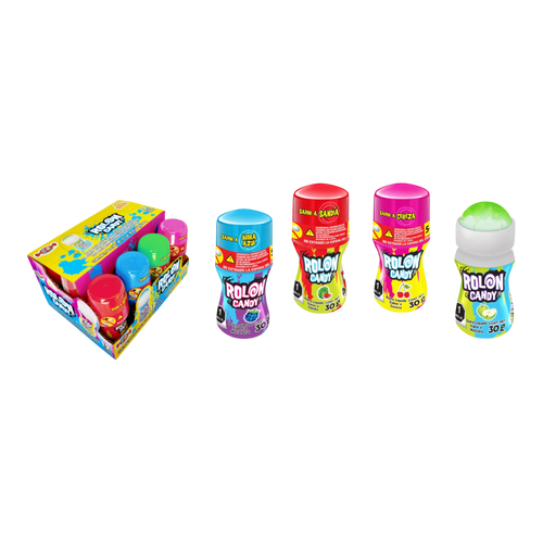 Dulceria 915 Rolon Candy pack with 12 pieces of 30g each, featuring assorted fruit flavors like blue raspberry, watermelon, cherry, and apple.