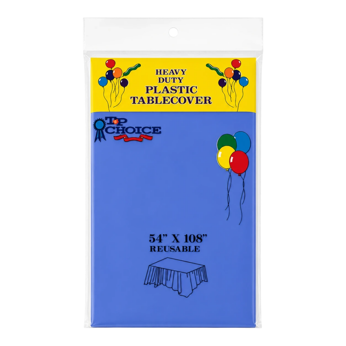 Dulceria 915 royal blue plastic tablecloth in packaging, 54 by 108 inches, perfect for party table protection.