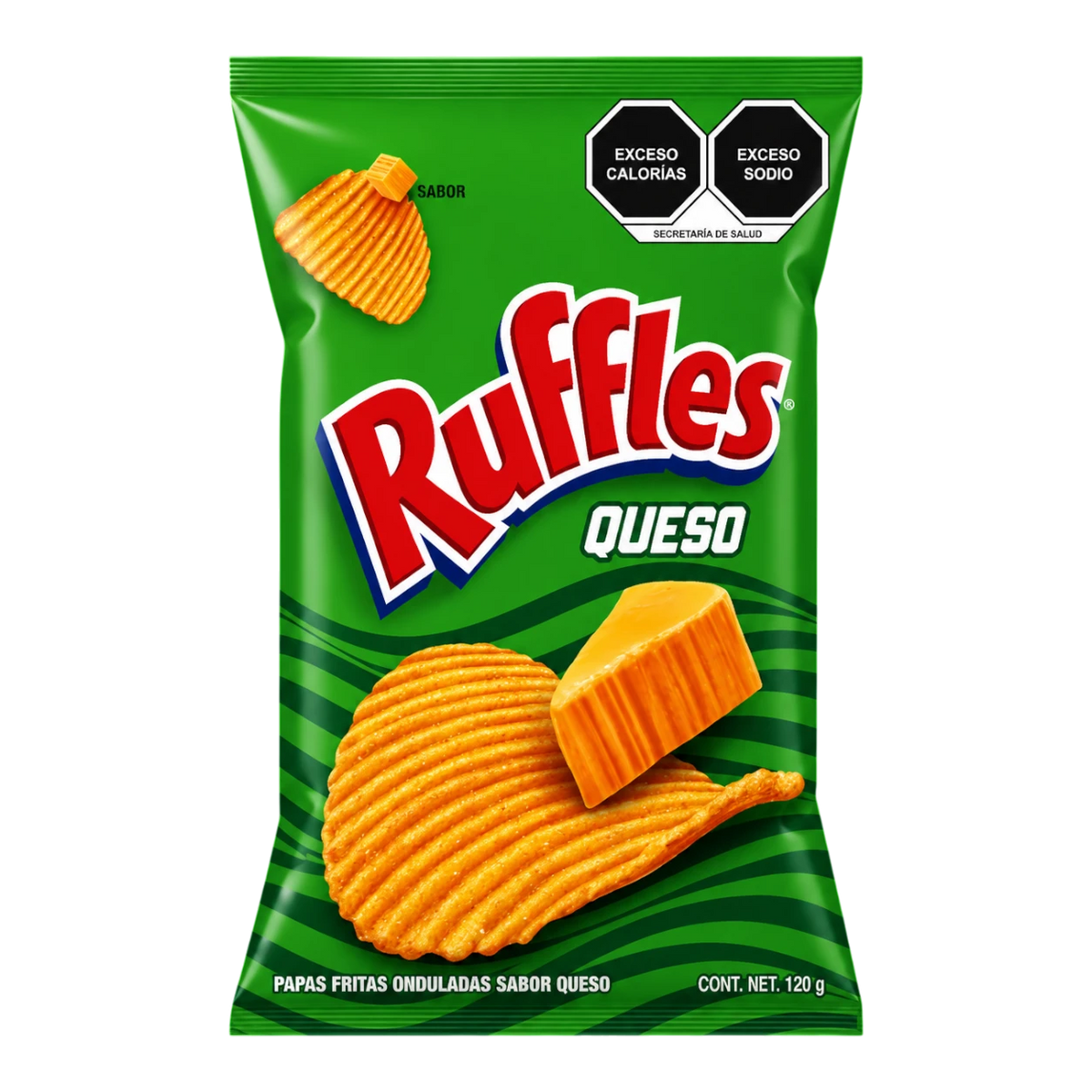 Dulceria 915 Ruffles Queso wavy potato chips bag with cheese illustration, 120g