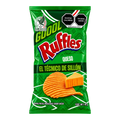 Dulceria 915 Ruffles Queso wavy potato chips with a slice of cheese, 48g bag.