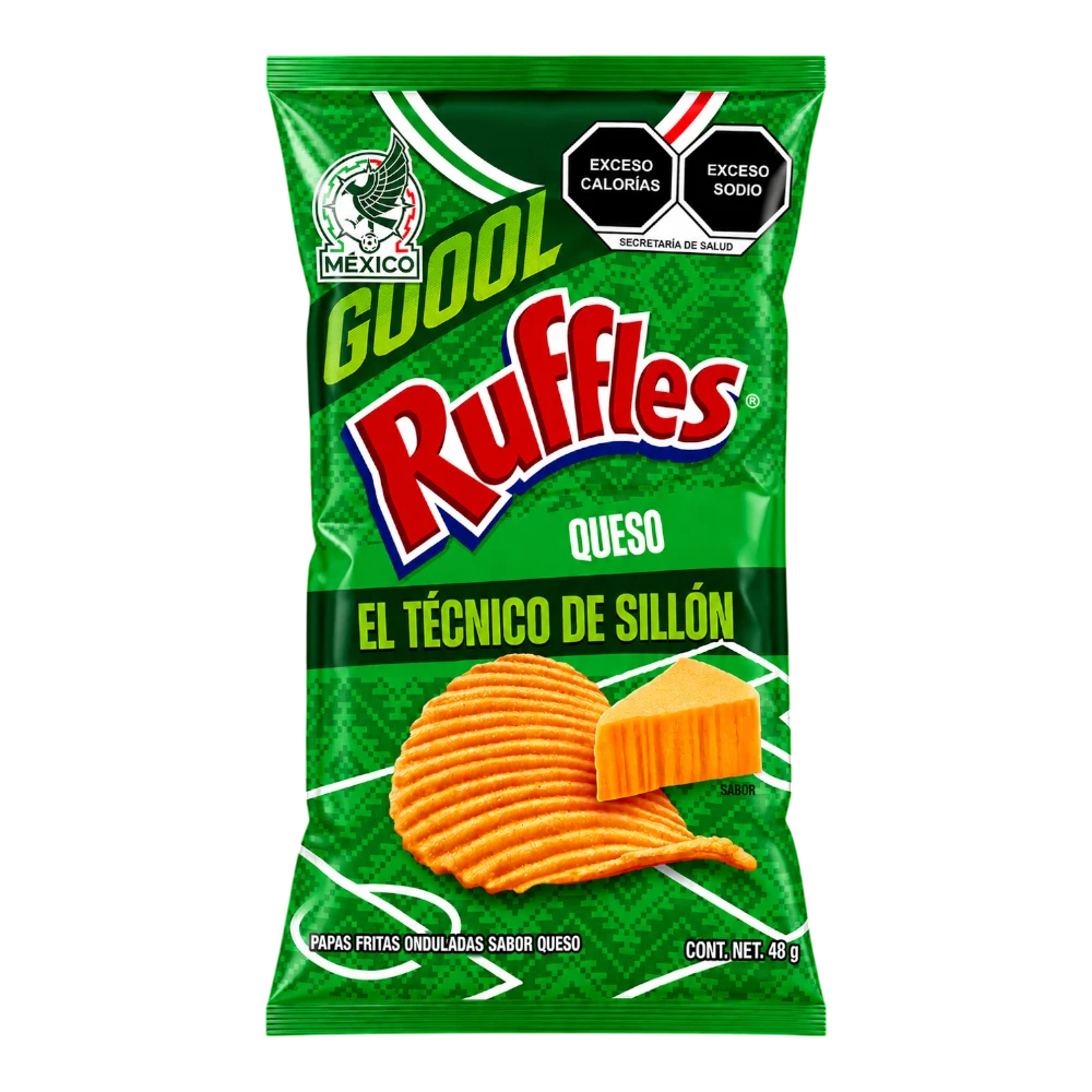 Dulceria 915 Ruffles Queso wavy potato chips with a slice of cheese, 48g bag.