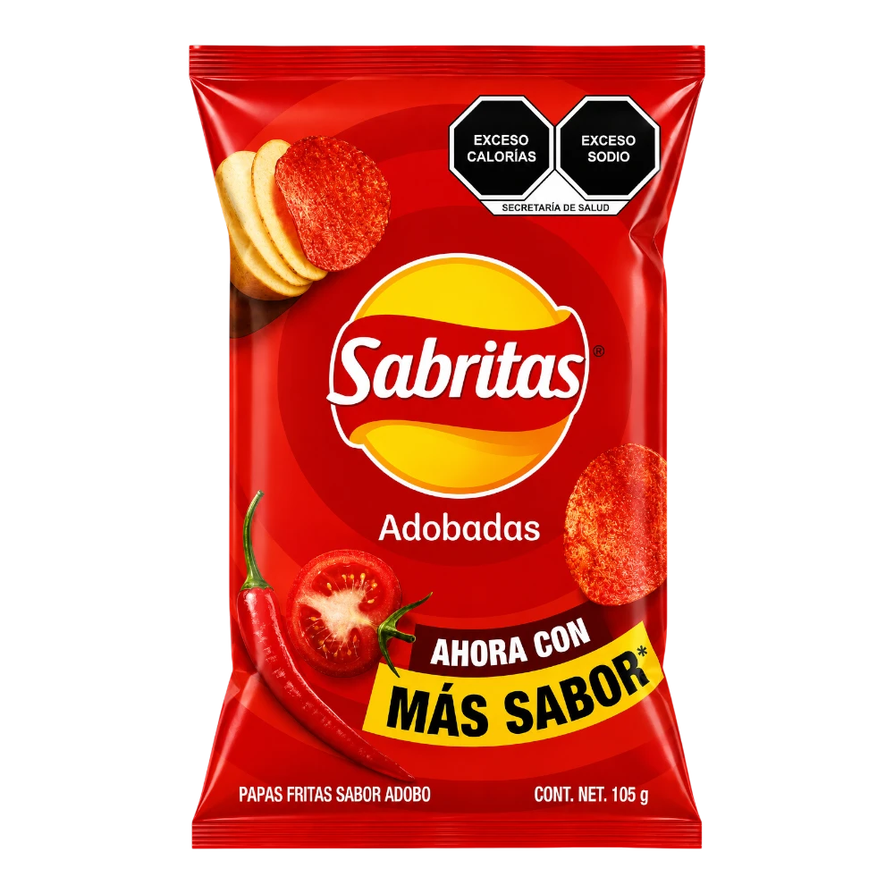 Dulceria 915 Sabritas Adobadas potato chips bag with chili and tomato imagery, 105g.