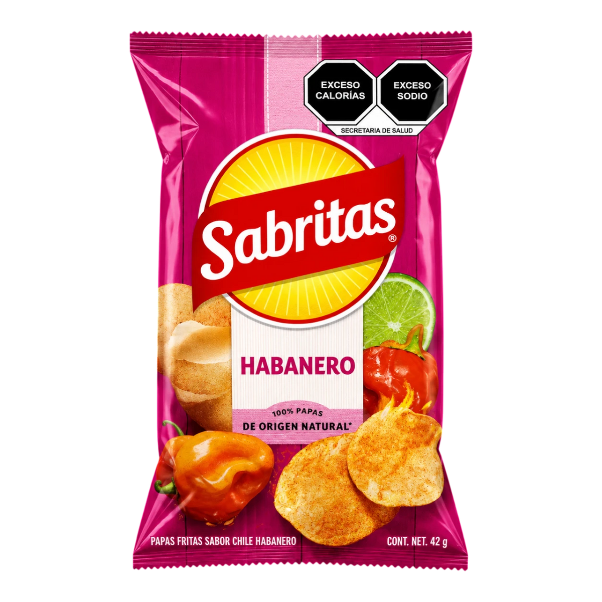 Dulceria 915 Sabritas Habanero potato chips, 42g bag with habanero peppers, lime, and whole potatoes.