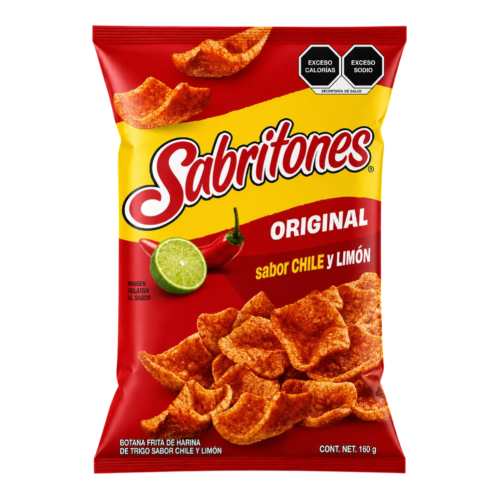Dulceria 915 Sabritones Original Chile y Limon puffed wheat snacks with chili and lime flavor, 160g bag.