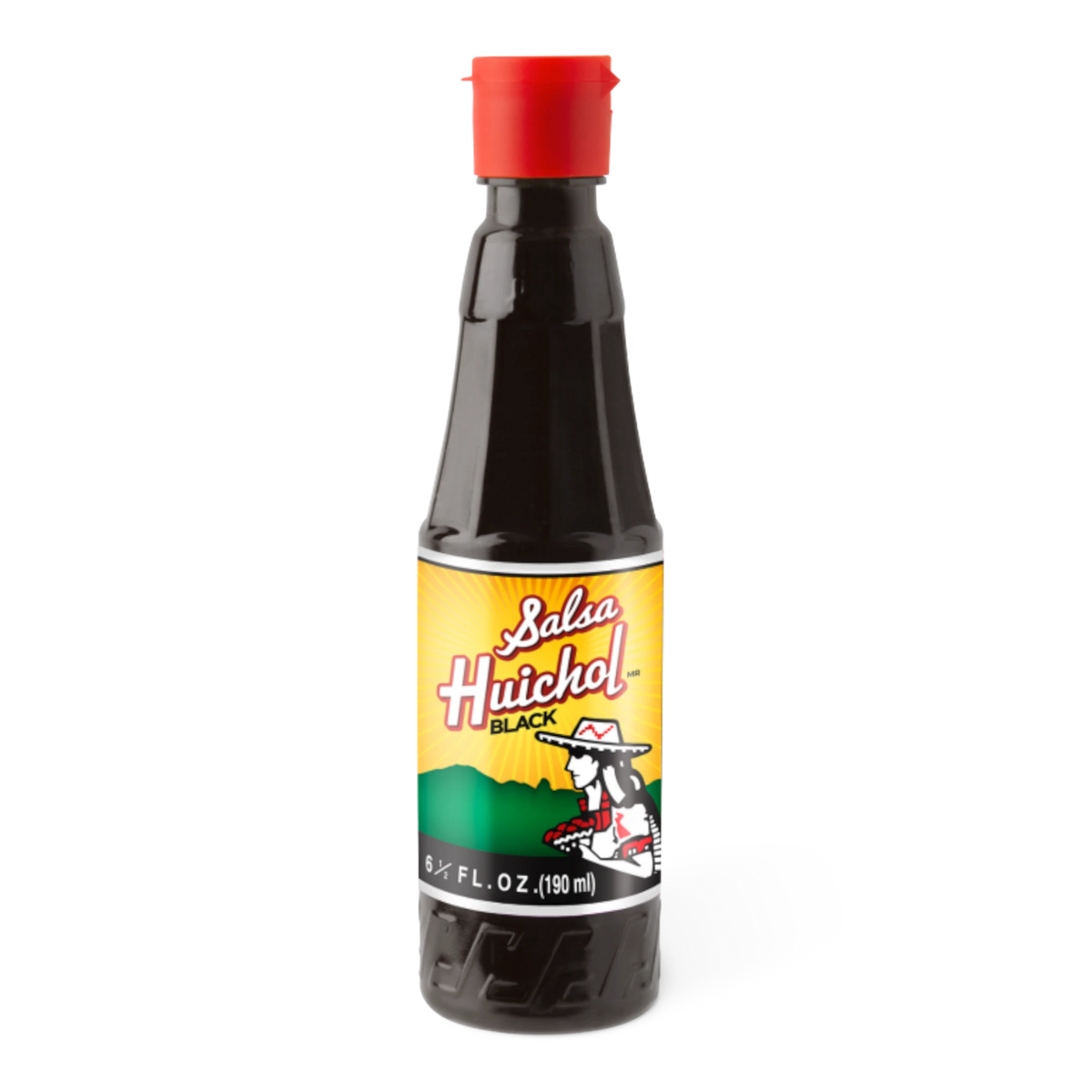 Dulceria 915 Salsa Huichol Black hot sauce bottle with red cap, made with cascabel chili and Mexican spices.