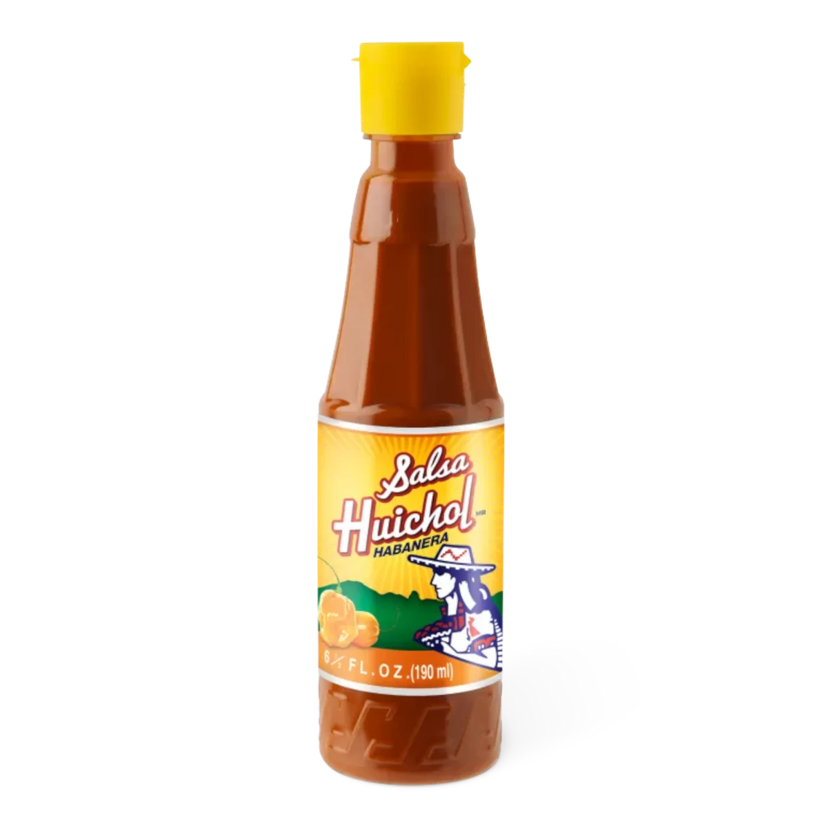 Dulceria 915 Salsa Huichol Habanera hot sauce bottle with yellow cap. Made with cascabel chili.