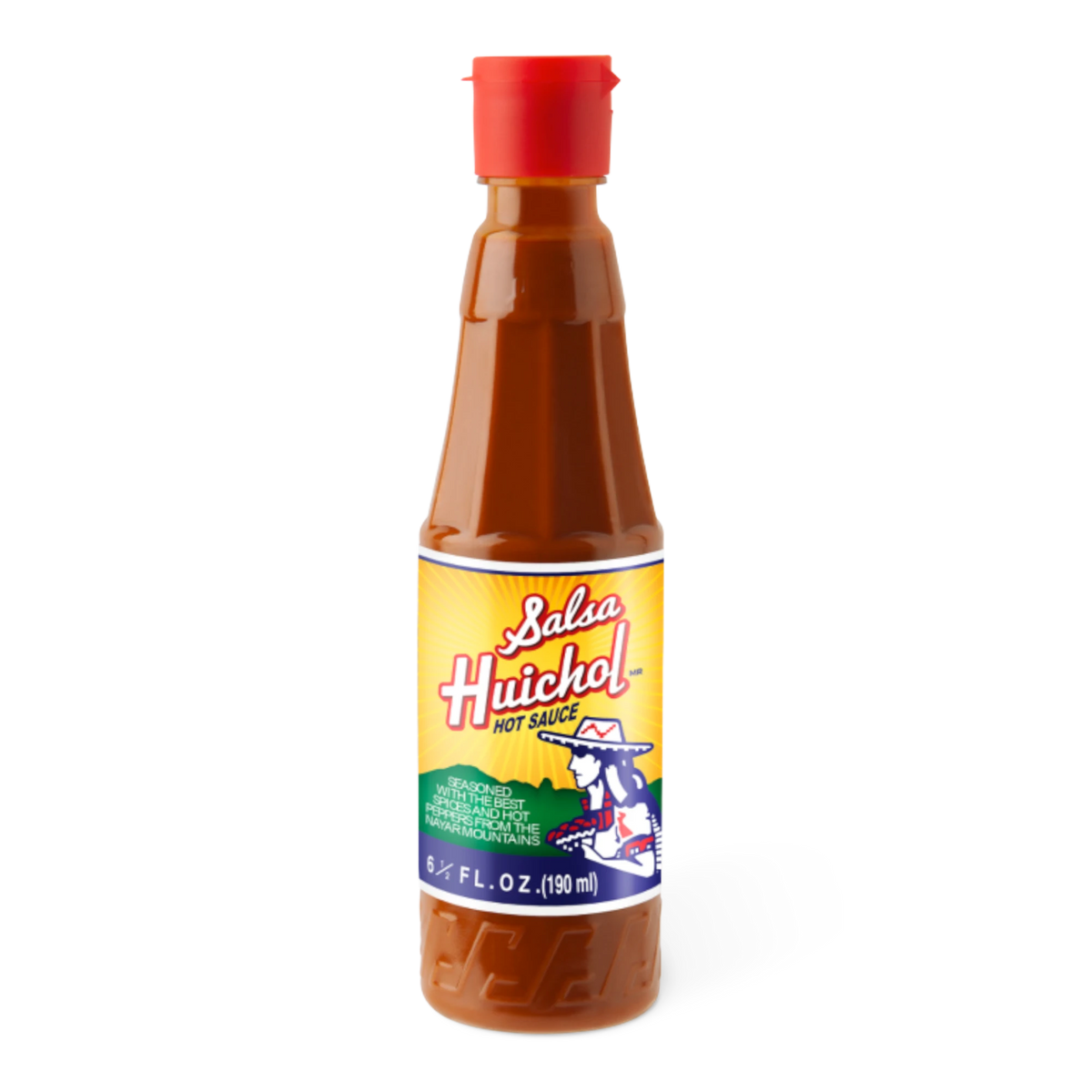 Dulceria 915 Salsa Huichol hot sauce bottle with red cap. Made with cascabel chili, salt, vinegar, and spices.
