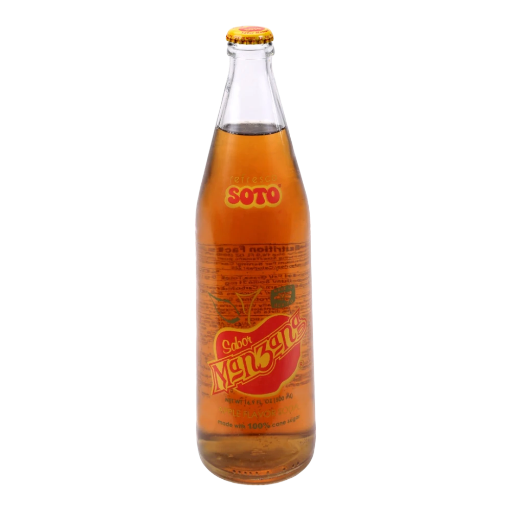 Dulceria 915 Soto Apple Soda in a glass bottle, featuring a red apple graphic and "Sabor Manzana" text.