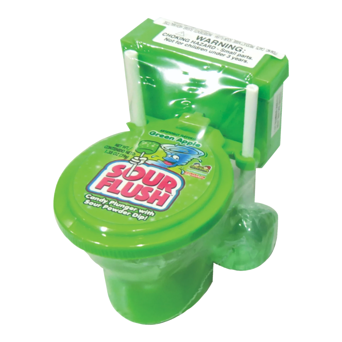 Dulceria 915 Sour Flush green apple flavored candy plunger with sour powder dip in a toilet-shaped container.