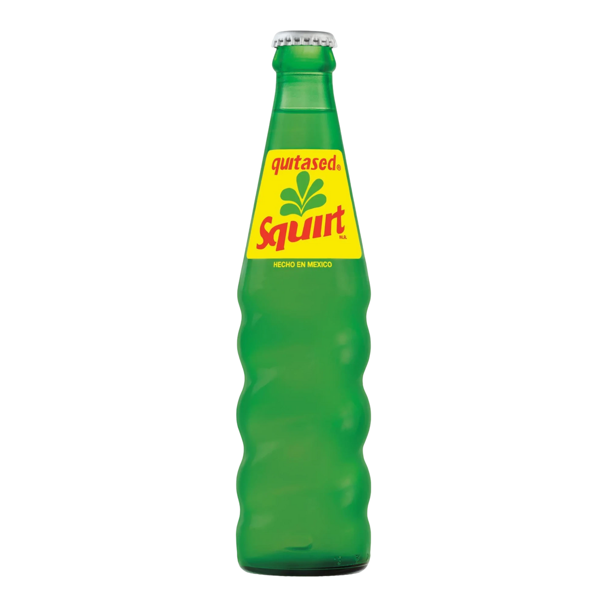 Dulceria 915 Squirt Soda bottle with a distinctive wavy green glass design and a yellow label featuring red text.