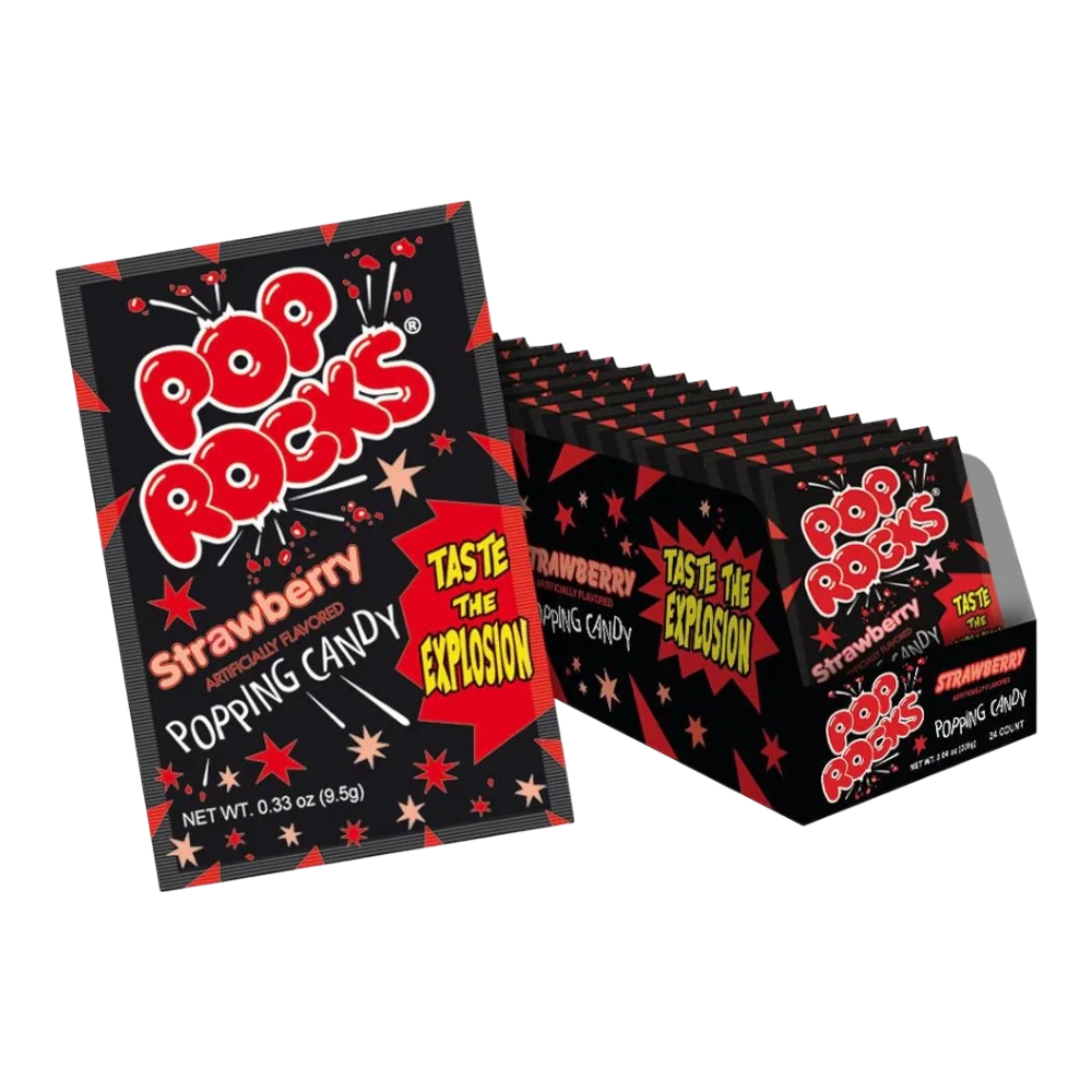 Dulceria 915 Pop Rocks Strawberry artificially flavored popping candy in a black packet with red and white text.