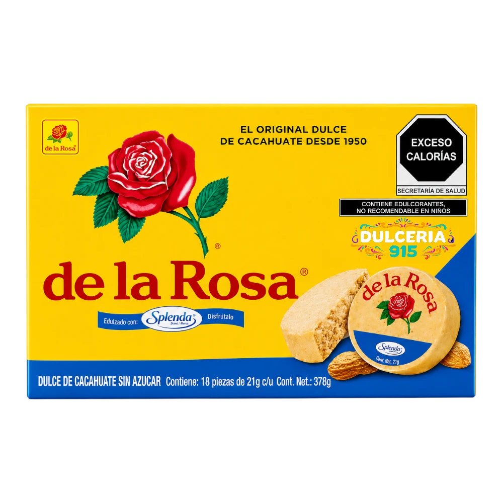 Dulceria 915 de la Rosa sugar-free peanut marzipan box with 18 pieces, featuring a yellow package and rose logo.