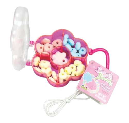 Dulceria 915 Sweet Beads candy jewelry kit in a pink flower-shaped container with pastel beads and string.
