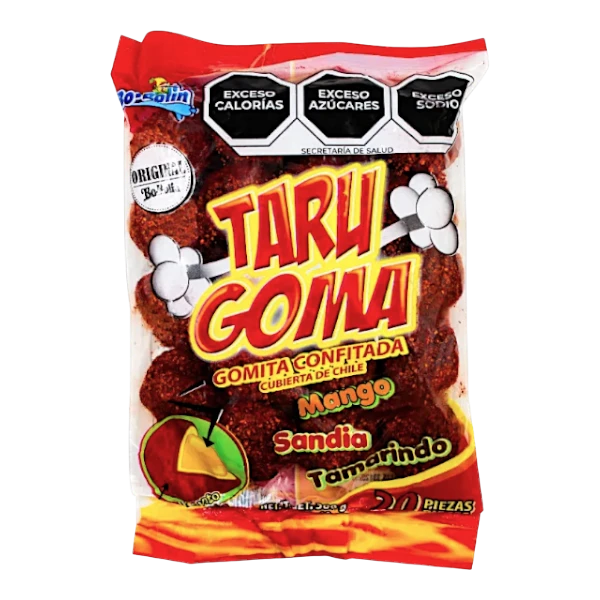 Dulceria 915 Tarugoma mango, sandia, tamarindo gummy candies covered in chili powder. 380g bag with 20 pieces.