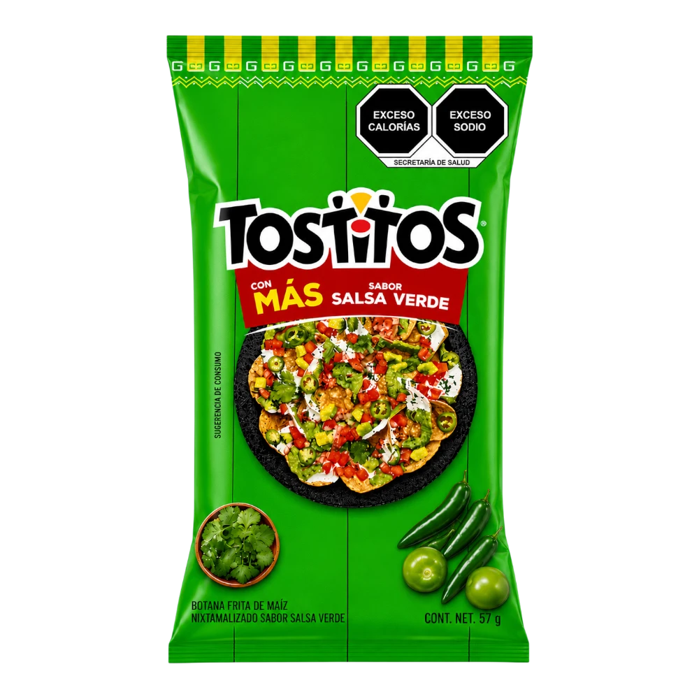 Dulceria 915 Tostitos Salsa Verde tortilla chips with toppings, 57g bag.