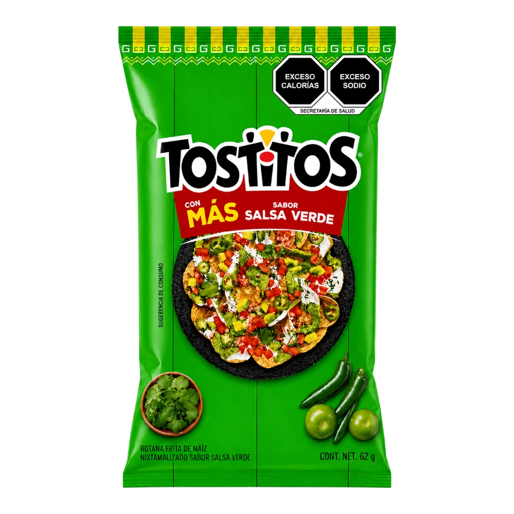 Dulceria 915 Tostitos Salsa Verde tortilla chips, 62g bag with a vibrant green design and a picture of loaded nachos.