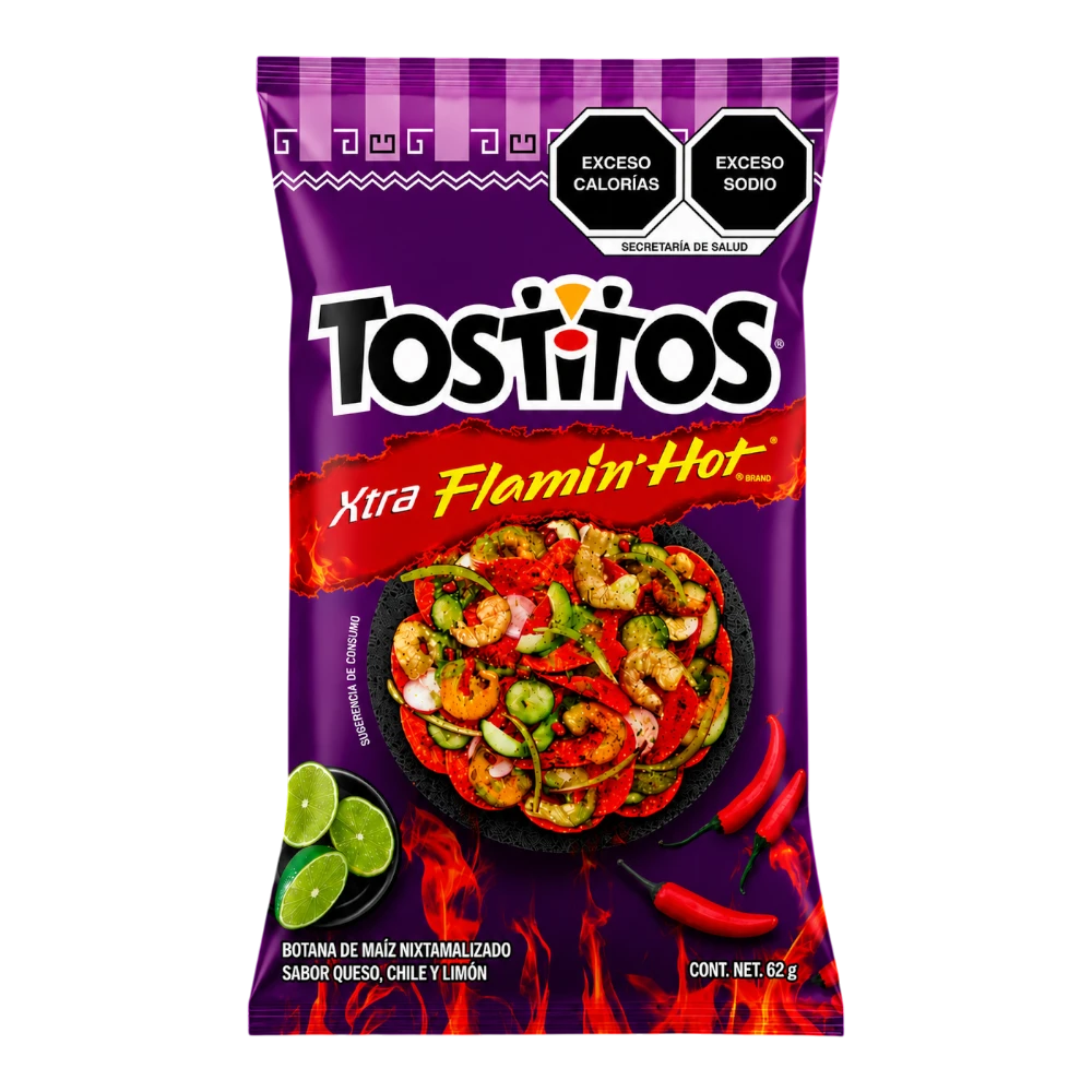 Dulceria 915 Tostitos Xtra Flamin' Hot corn tortilla chips with cheese, chili, and lime flavor. Features fiery graphics and lime slices.