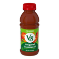 Dulceria 915 V8 Original 100% Vegetable Juice bottle, 12 fl oz. Features 3 servings of vegetables, vitamins A & C, no sugar added.