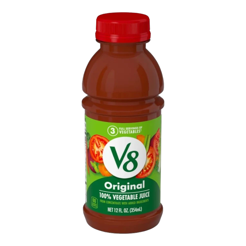 Dulceria 915 V8 Original 100% Vegetable Juice bottle, 12 fl oz. Features 3 servings of vegetables, vitamins A & C, no sugar added.