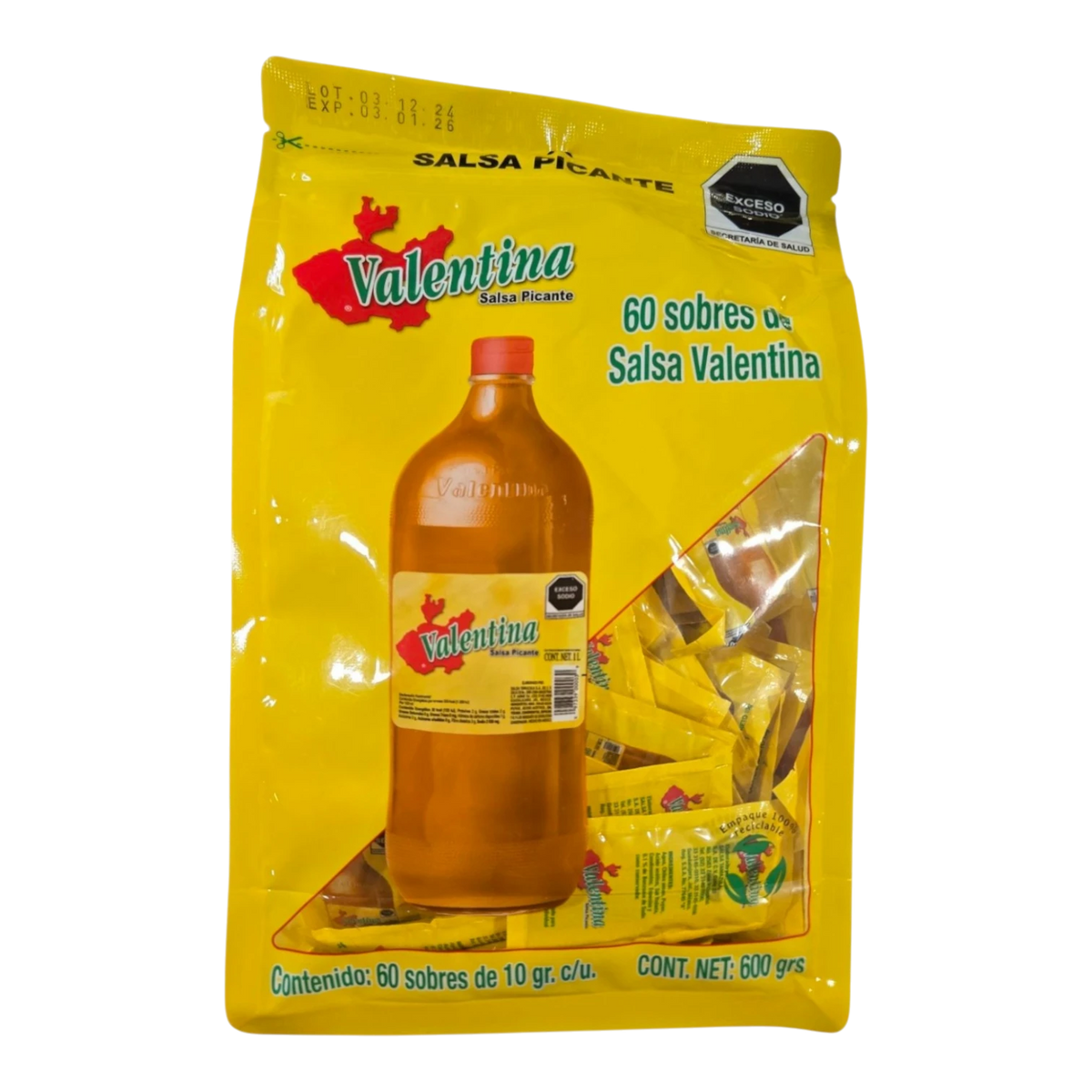 Dulceria 915 Valentina Salsa Picante hot sauce 60 packets. Features a large bottle and individual packets.