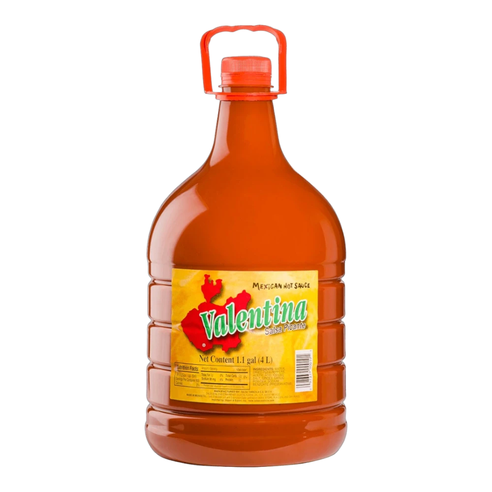 Dulceria 915 Valentina Salsa Picante Mexican hot sauce in a large 1.1 gallon jug with orange handle and cap.