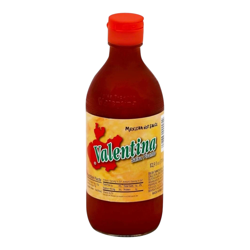 Dulceria 915 Valentina Salsa Picante Mexican hot sauce in a glass bottle with a red cap. Features a yellow label with red text.