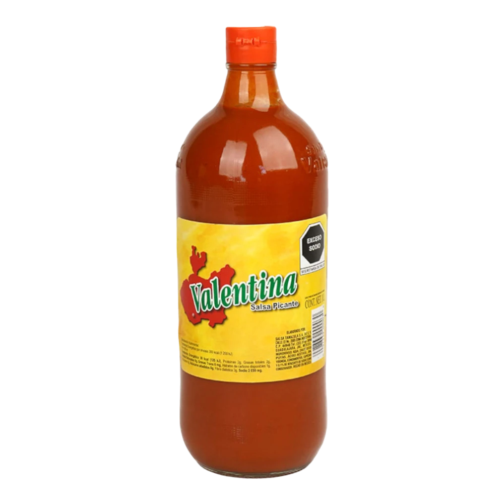 Dulceria 915 Valentina Salsa Picante hot sauce in a large glass bottle with an orange cap. Yellow label with red lettering.