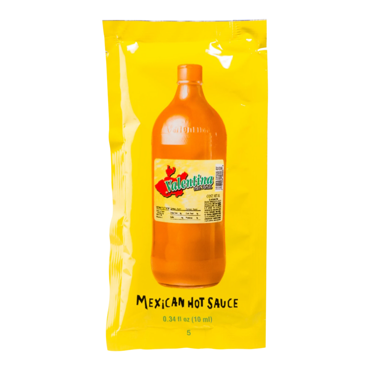 Dulceria 915 Valentina Salsa Picante Mexican hot sauce packet with a small orange bottle inside. 0.34 fl oz.
