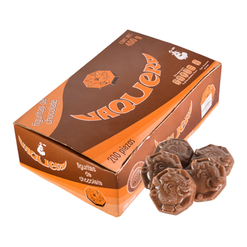 Dulceria 915 Vaquero milk chocolate figures, 400g box with 200 pieces. Creamy, rich flavor.