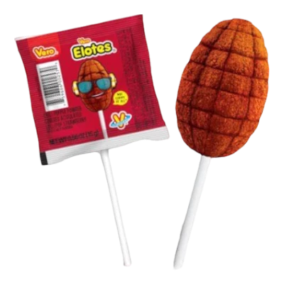 Dulceria 915 Vero Elotes chili pepper lollipop with strawberry flavor and chili powder coating.